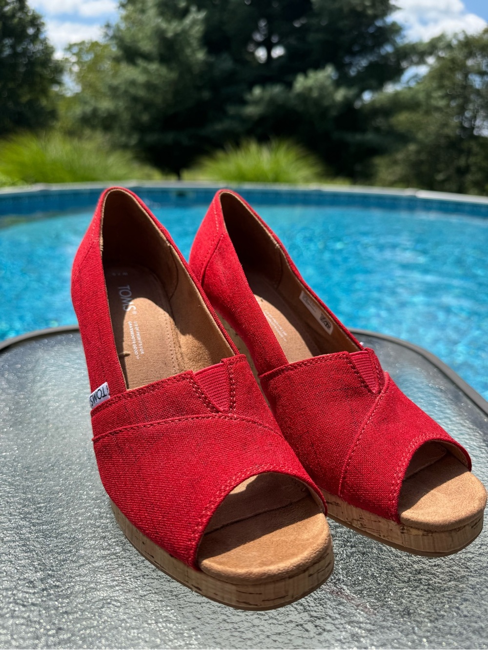 Toms Red Peep-Toe Wedge Espadrilles